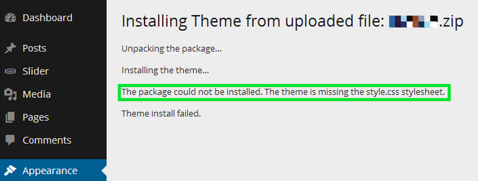Theme installation page